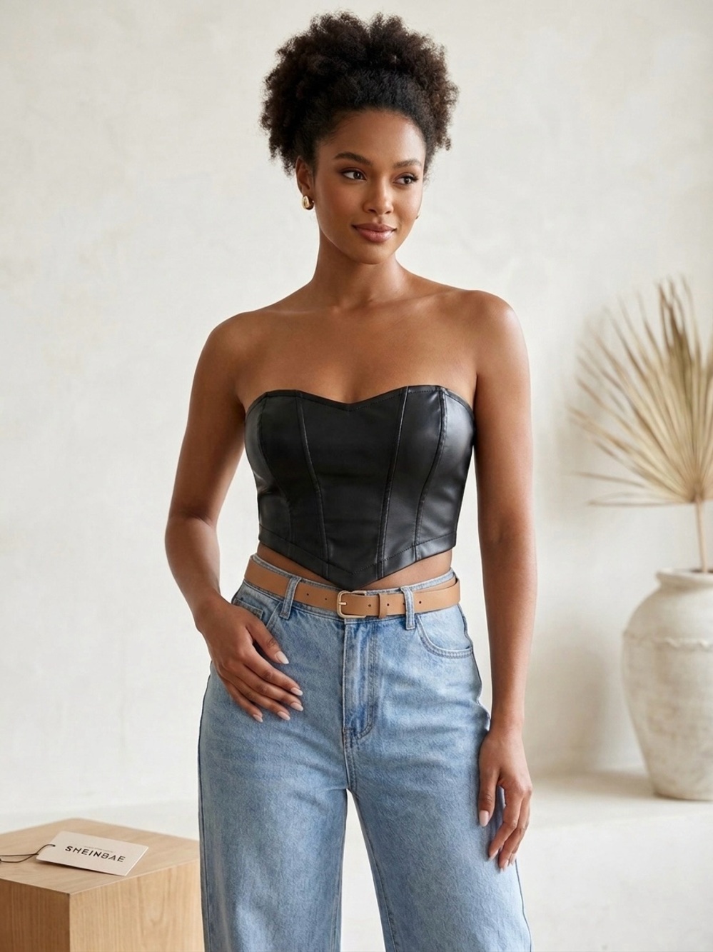 SHEIN BAE Black Faux Leather Corset Bustier Crop Top NWT Size M
